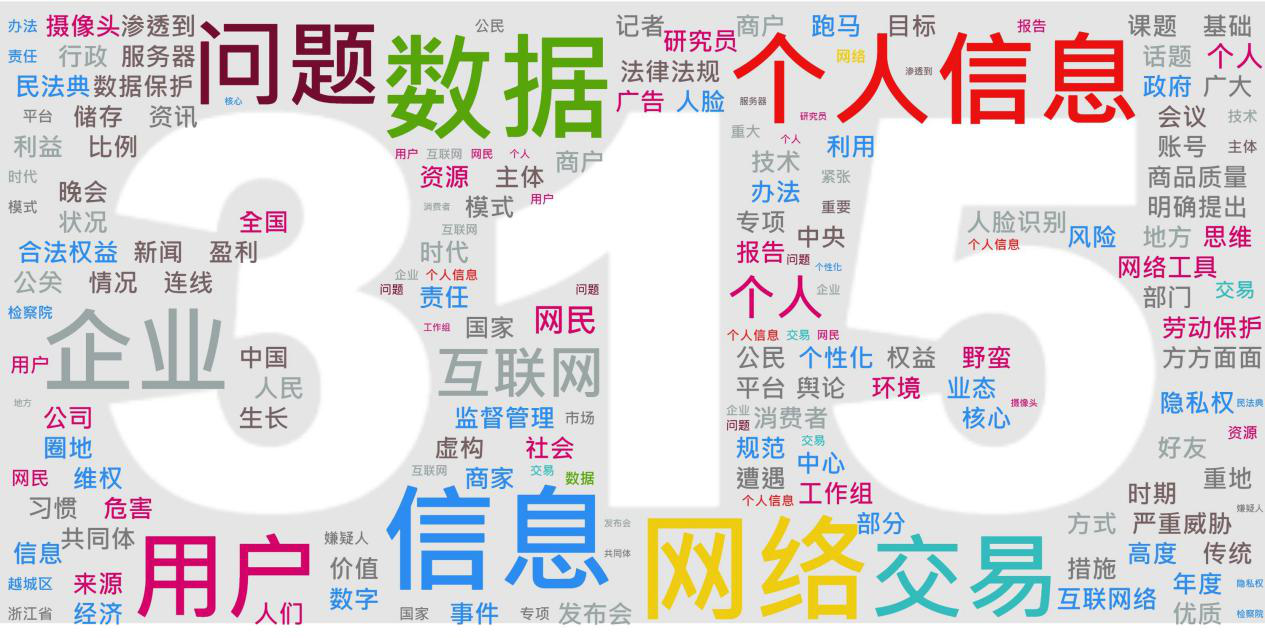 "315"关于个人信息安全的词云分布 来源:人民数据研究院